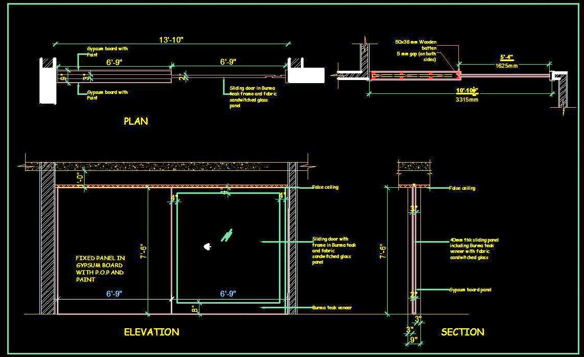 Sliding Door Pocket Detail CAD with Sections